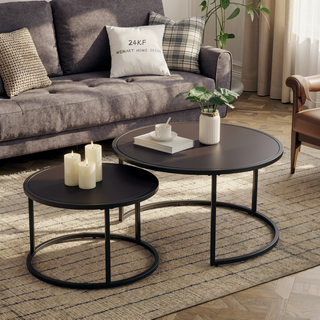 Sunvega Modern Faux Leather Round Nesting Coffee Table with Golden Metal Base Set of 2
