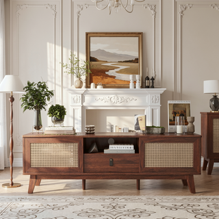 Sunvega Mid Century Modern Rattan TV Stand Media Console with Drawer and Cabinets