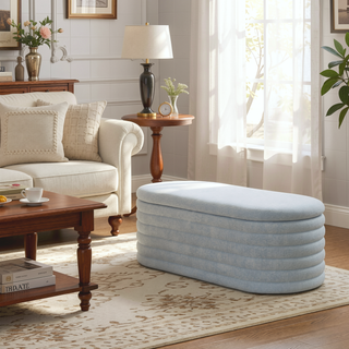 Sunvega Light Grey Upholstered Fabric Storage Ottoman Bench with Safety Hinge