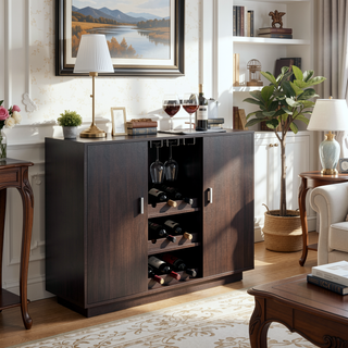 Sunvega Espresso 2-Door Wine Cabinet with Stemware Rack and Wine Bottle Storage