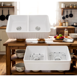 Sunvega Farmhouse Ceramic White Kitchen Double Basin Sink with Sound Dampening