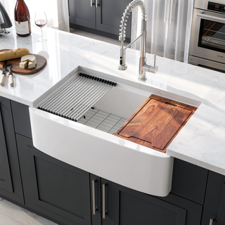 Sunvega 33 Inch White Porcelain Ceramic Farmhouse Kitchen Sink Workstation with Reversible Apron