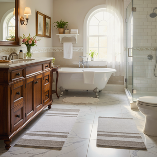Sunvega Reversible Cotton Bath Rug with Plush Stripes and Textured Massage