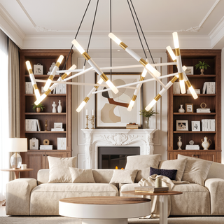 Sunvega Gold Modern Chandelier Light Fixture with Frosted Tubes and Adjustable Height