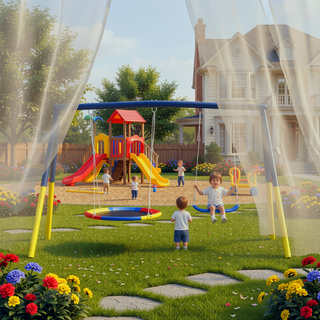 Sunvega Heavy-Duty A-Frame Metal Outdoor Swing Set with Saucer and Belt Swings
