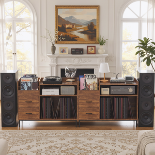 Sunvega Turntable Stand with Power Outlet Flip-Down Lid Storage for 300+ Vinyls