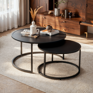 Sunvega Modern Faux Leather Round Nesting Coffee Table with Golden Metal Base Set of 2
