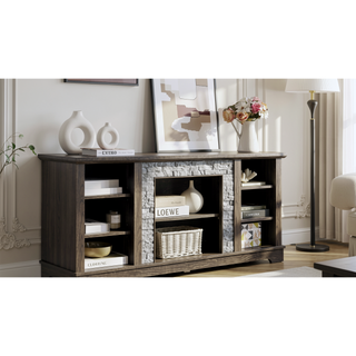 Sunvega Modern Faux Stacked Stone Mantel TV Media Stand with Open Storage