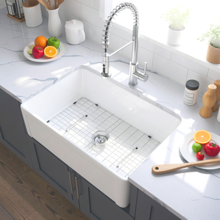 Sunvega 33 Inch White Porcelain Ceramic Farmhouse Kitchen Sink Workstation with Reversible Apron