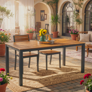 Sunvega Teak Finished Acacia Wood Outdoor Dining Table with Black Iron Legs