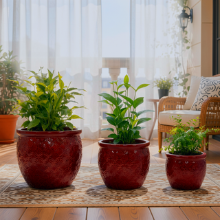 Sunvega Handmade Ceramic Flower Pot Set of Three Graduated Sizes with Floral Embossed Pattern