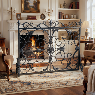 Sunvega Ornate Iron Fireplace Screen with Aged Powder Coated Black Finish
