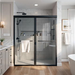 Sunvega Semi-Frameless Double Sliding Shower Door with Tempered Glass in Matte Black