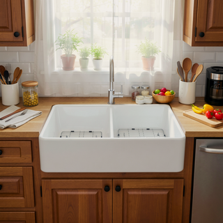 Sunvega 33 Inch White Porcelain Ceramic Farmhouse Kitchen Sink Workstation with Reversible Apron