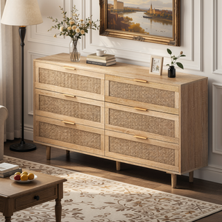 Sunvega 6 Drawer Rattan Dresser with Metal Handle and Wood Legs for Bedroom Storage