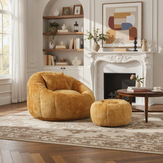 Sunvega Modern Pumpkin Shape Bean Bag Chair with Ottoman for Living Room