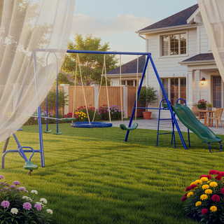 Sunvega Heavy-Duty A-Frame Swing Set with Slide, Seesaw, Glider, and Saucer Swing