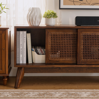 Sunvega Mid Century Modern Rattan Sideboard Cabinet with Adjustable Shelves and Solid Wood Feet
