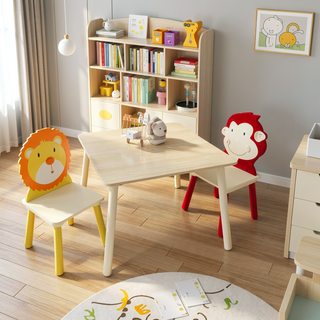 Sunvega Kids Table and 2 Chairs Set Wooden Activity Play Table with Bear and Tiger Design