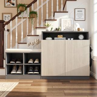 Sunvega Entryway Cabinet with Shoe Bench, 3-Tier Adjustable Shelves and Wavy Slatted Door