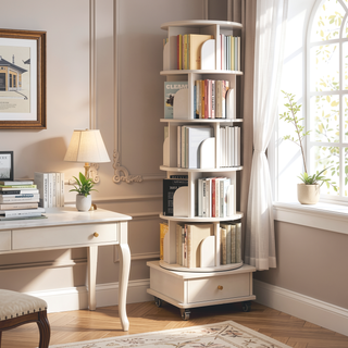 Sunvega 360° Rotating Bookshelf with Wheels and Drawer for Space-Saving Storage