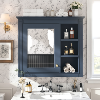 Sunvega Modern Wall Mounted Mirror Cabinet with 3 Open Shelves for Bathroom Storage