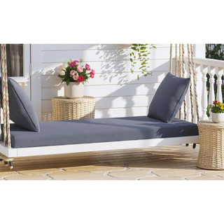 Sunvega Patio Wooden Swing Chair with Cushion and Pillows, Hanging Porch Bench for Garden and Backyard