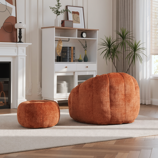 Sunvega Modern Pumpkin Shape Bean Bag Chair with Ottoman for Living Room