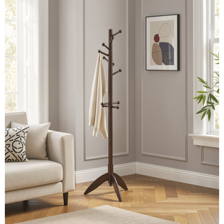 Sunvega Dark Brown Finish 7 Tiers 11 Hooks Solid Wood Coat Rack Stand