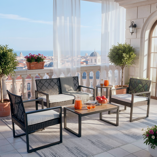 Sunvega Modern Outdoor Patio Furniture Set with Acacia Wood Table and PE Rattan