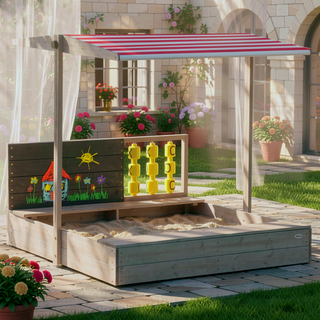 Sunvega Kids Sandbox with Adjustable Canopy Lid Bench and Chalkboard Games