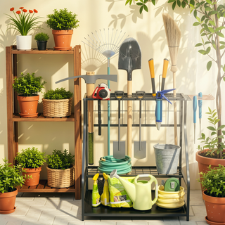 Sunvega 3-Tier Garden Tool Storage Rack with Hooks for Long-Handled Tools and Brooms