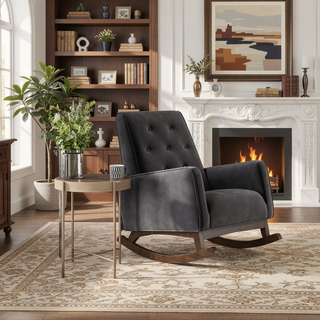 Sunvega Mid-Century Modern Solid Wood Rocking Chair with Microfiber Upholstery