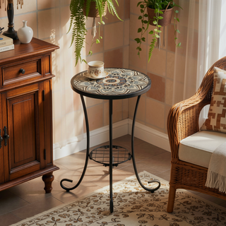 Sunvega Brown and Black Ceramic Side Table with Slatted Shelf for Patio