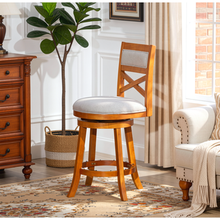 Sunvega 24 Inch Counter Height X-Back Swivel Stool with Beige Fabric Seat and Cherry Finish