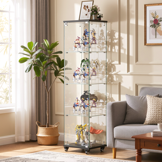 Sunvega 4 Tier Glass Display Cabinet with Lock and Wheels for Living Room