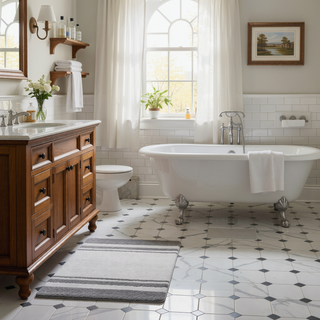 Sunvega Reversible Cotton Bath Rug with Plush Stripes and Textured Massage