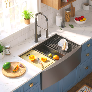 Sunvega 33x22 Inch Gunmetal Black Farmhouse Workstation Kitchen Sink With Faucet