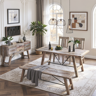 Sunvega Country-Inspired Solid Wood Dining Table with Metal Stretchers Seats 6