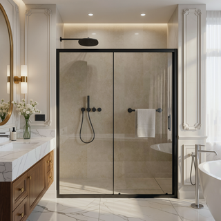 Sunvega 60x62 Inch Adjustable Sliding Shower Door with Tempered Glass and Black Frame