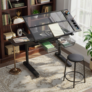 Sunvega Adjustable Height Drafting Table with Tiltable Tempered Glass Top and Stool