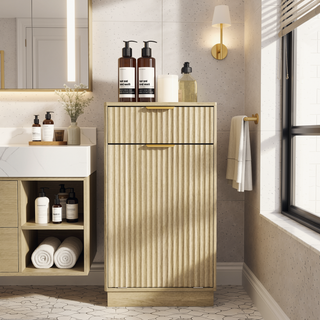 Sunvega Woodgrain Tilt-Out Trash Can Cabinet with Hideaway Drawer and Pull-Out Bin