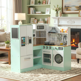 Sunvega Corner Kids Kitchen Playset with Lights Sounds and Ample Storage