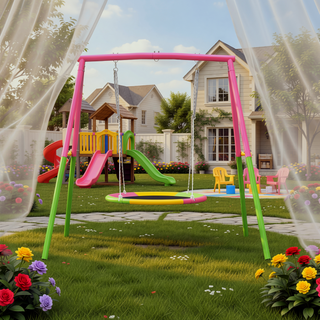 Sunvega Heavy-Duty A-Frame Metal Outdoor Swing Set with Saucer and Belt Swings