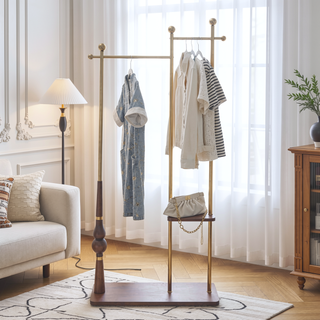 Sunvega Industrial Coat Rack with Solid Wood Shelves and Stainless Steel Frame for Coats Hats Bags Shoes