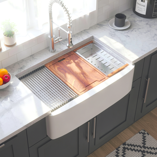 Sunvega 33 Inch White Porcelain Ceramic Farmhouse Kitchen Sink Workstation with Reversible Apron