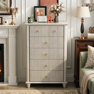Sunvega Fluted 5 Drawer Dresser with Metal Handle and Wooden Top for Bedroom