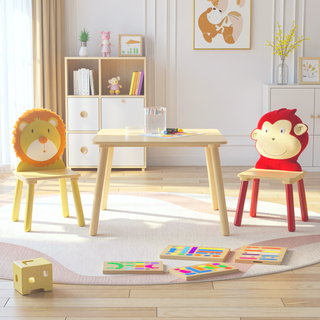 Sunvega Kids Table and 2 Chairs Set Wooden Activity Play Table with Bear and Tiger Design