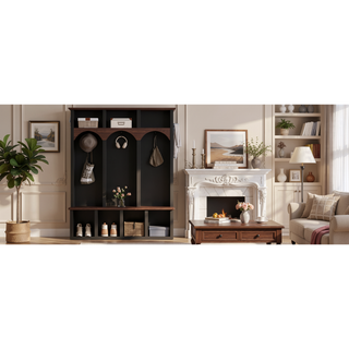 Sunvega Farmhouse Style Arched Entryway Storage Bench with 5 Hooks and 7 Cubbies