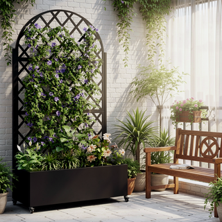 Sunvega Metal Planter Box with Trellis Raised Garden Bed on Wheels for Climbing Plants